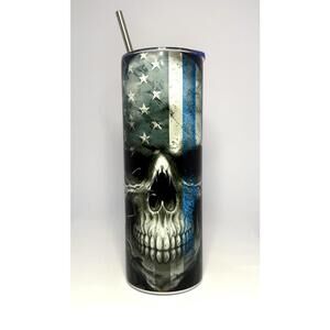 20 oz Blue Line Skull Stainless Steel Tumbler with Lid, Straw